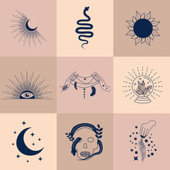 Set of magic symbols, celestial seamless pattern. Astrological, magical and esoteric symbols.