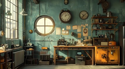 Charming Vintage Workshop Filled with Mechanical Gadgets and Eclectic Curiosities