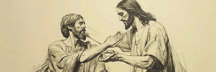 Miracles and Compassion: Jesus Healing a Blind Man, Biblical Illustration Highlighting Divine Healing,Christian banner