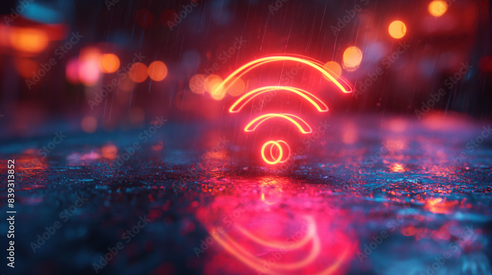 Poster 3d wifi icon illuminated by neon lights on multicolor background.digital composite.
