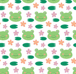 Seamless pattern with cute frogs and water lily leaves. Vector colorful background with characters and flowers.	