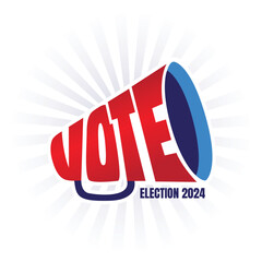 Vote creative concept on a megaphone icon. American Presidential Election 2024 poster, banners, template design. Vote vector typography logo on retro background. Political campaign badge, sticker.