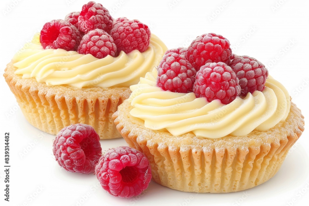 Poster raspberry cupcakes with cream cheese frosting on a white background