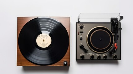 Retro vinyl player, lp records, headphones on background. Top view. Retro style. Flat lay