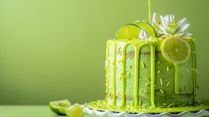 A lime green birthday cake with zesty decorations, in front of a bright green background being poured to create a fresh and energetic vibe.