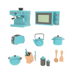 Set of kitchen appliances and accessories in vintage style on a white background 3D render icons