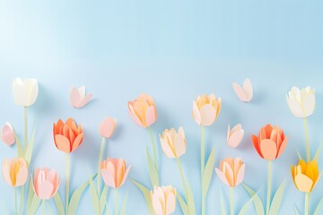 Flowers paper cut design. Beautiful spring paper cut flowers on soft color background. Valentine's Day, Birthday, Happy Woman Day, Mother's Day. Holiday poster and banner with flower papercut