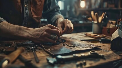 Masterful Artistry Skilled Craftsman Seamlessly Stitching Leather on Workbench with Precision Tools Detailed Handmade Creation