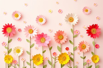 Flowers paper cut design. Beautiful spring paper cut flowers on soft color background. Valentine's Day, Birthday, Happy Woman Day, Mother's Day. Holiday poster and banner with flower papercut