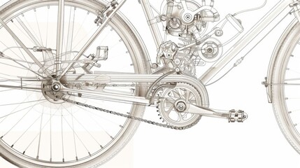 A detailed line drawing of a bicycle with intricate parts and accessories, set against a plain background for focus