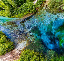 A view above the Blue eye spring in Muzine, Albania in summertime