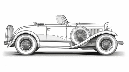 Obraz premium A detailed line drawing of a classic vintage car with intricate details and sleek lines, set against a simple background