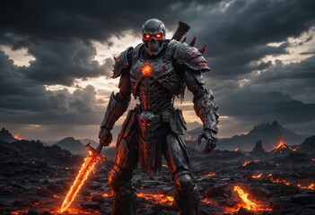 A towering, armored warrior stands in a desolate landscape, his glowing red eyes. The ground beneath him is a seething mass of molten lava, casting an eerie glow on the surrounding mountains.