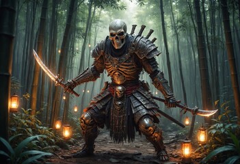 Skull Samurai in bamboo forest, dueling with skeletal lanterns.