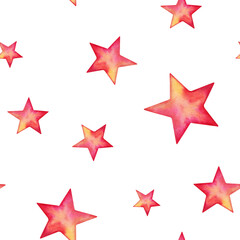 Fototapeta premium Stars in red and yellow colors seamless pattern. Hand drawn watercolor illustration isolated on transparent background. 80s 90s themed design for textile fabric, t-shirt prints or child room wallpaper