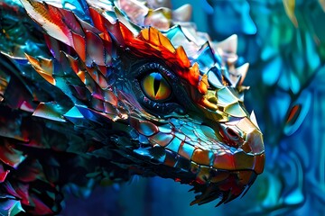 Crystal dragons shimmer with vibrant, iridescent scales, casting magical, colorful shadows.