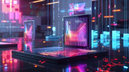 Digital Innovation Tablet with Vibrant Holographic Data Visualizations