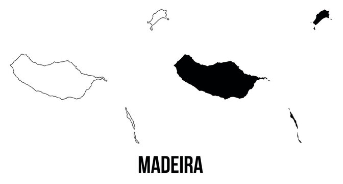 Madeira map of islands regions districts vector black on white and outline