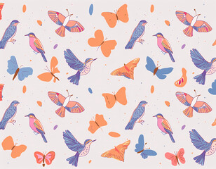 Create a pattern featuring various species of birds and butterflies, set against a clear sky