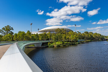 Adelaide Oval viewed across River Torrens in Elder Park, Adelaide, South Australia, Australia
