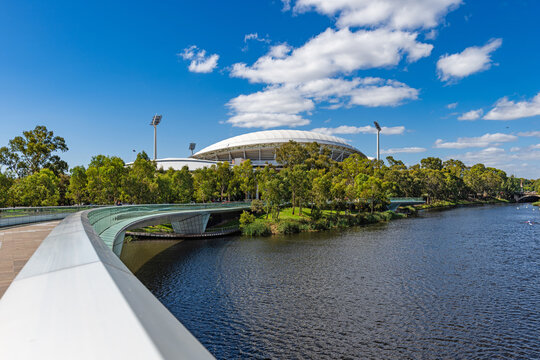 Adelaide Oval viewed across River Torrens in Elder Park, Adelaide, South Australia, Australia