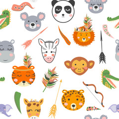 Seamless baby pattern with cute tribal animal faces. Illustration in Scandinavian style, Indians with feathers and bows