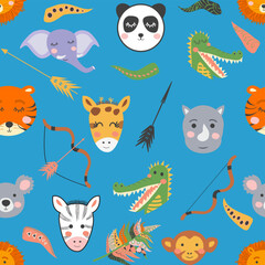 Seamless baby pattern with cute tribal animal faces. Illustration in Scandinavian style, Indians with feathers and bows