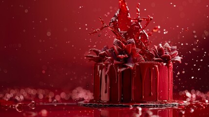 A bold red birthday cake with deep red decorations, set against a rich red background being poured to create a dramatic and festive atmosphere.
