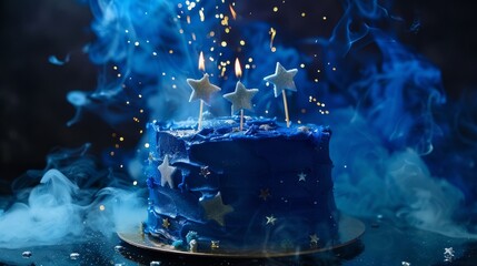 A deep blue birthday cake with starry decorations, set against a rich blue background being poured to create a celestial and magical effect.