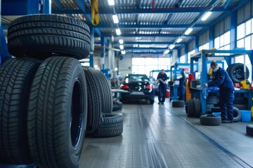 Efficient Tire Service Center with Mechanics in Action for Car Maintenance and Repair