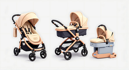 A baby stroller pushchair carriage on wheels for newborn babies or children placed on a plain background with copy space

