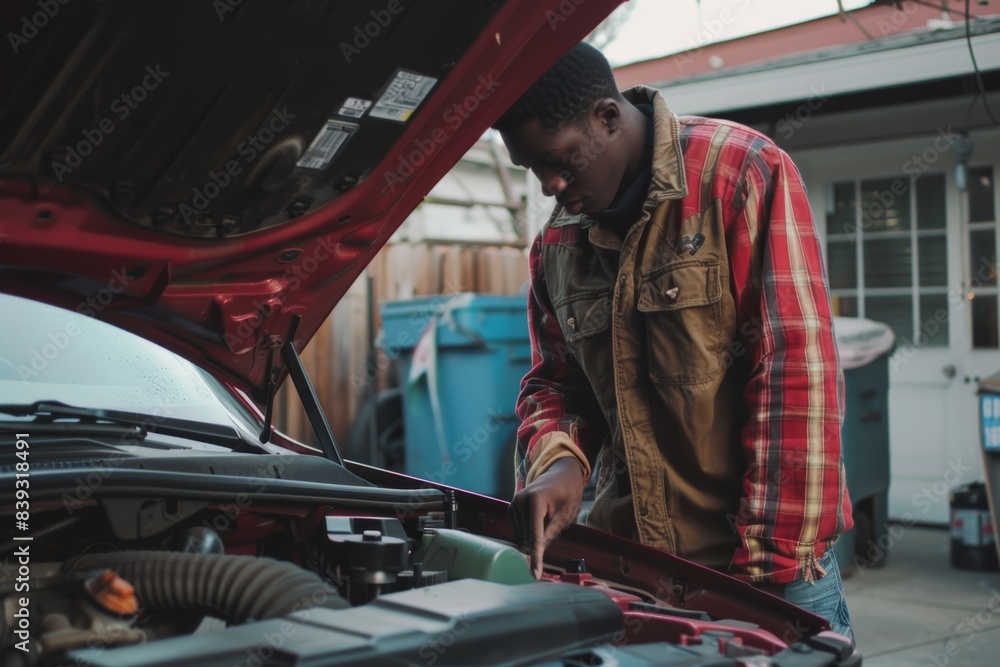 Wall mural car owner checking brake fluid level in clean, organized garage setting for maintenance and safety