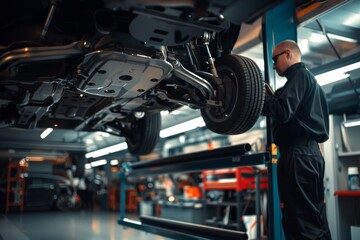 Professional Mechanic Inspecting Brake System on Lifted Car in Modern Auto Repair Shop