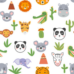 Seamless pattern with cute tribal animal faces. Illustration in boho style, dream catcher, cactus, palm trees, tropics.