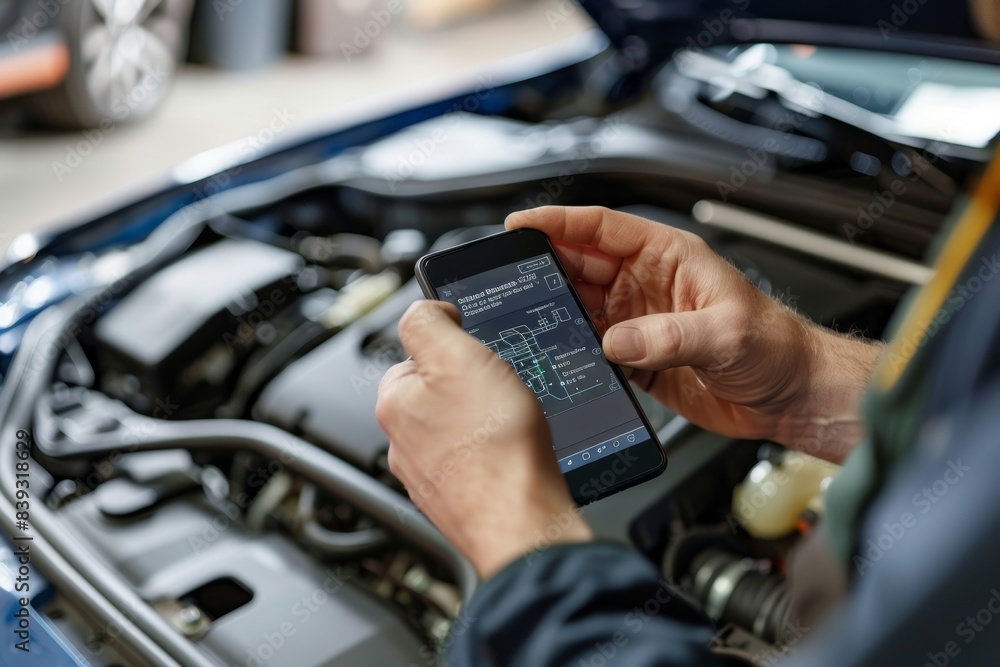 Aufkleber car owner using smartphone app for vehicle engine health diagnostics and monitoring