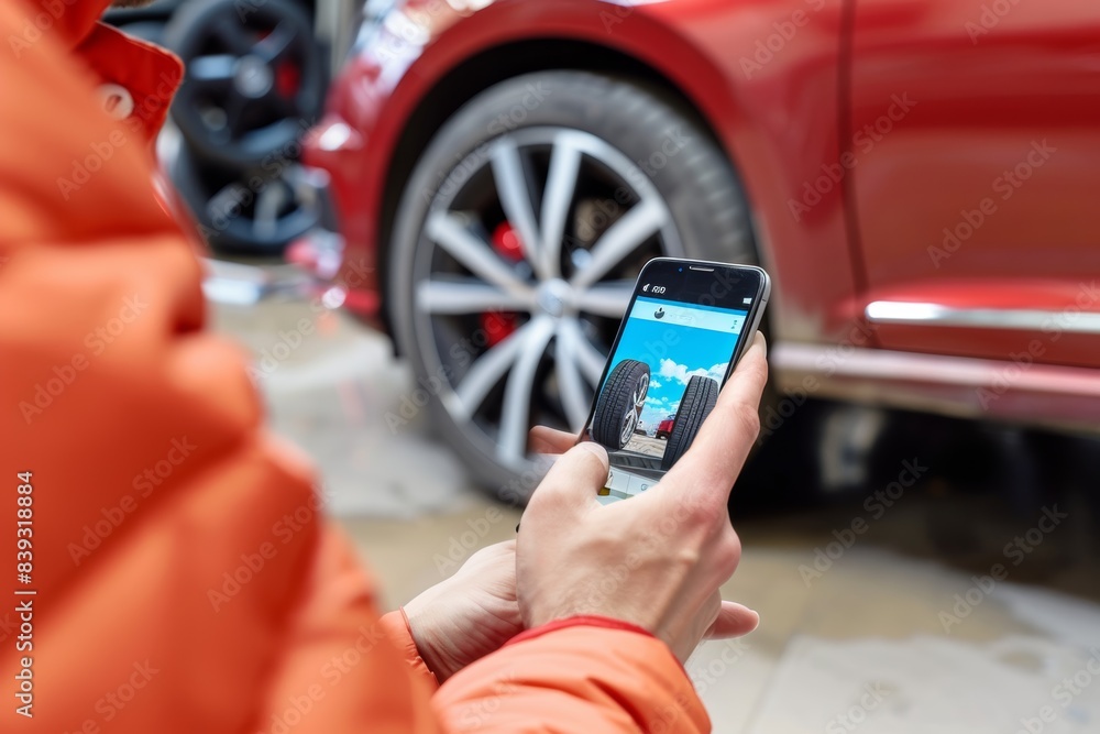 Poster car owner using smartphone app for tire rotation scheduling and maintenance service