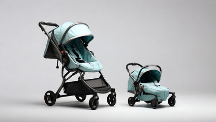 A baby stroller pushchair carriage on wheels for newborn babies or children placed on a plain background with copy space
