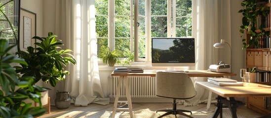 Bright and Airy Home Office with Large Windows, Wooden Desk, and Green Plants, Perfect for Remote Work and Productivity in a Modern, Natural Setting