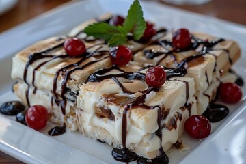 Layered vanilla and chocolate ice cream cake with chocolate drizzle and cherries