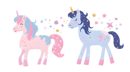 Pink and blue pastel colors unicorn silhouette watercolor cartoon illustration isolated on transparent background