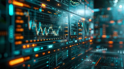Futuristic Digital Data Interface with Graphs and Analytics on Multiple Screens in a High-Tech Environment