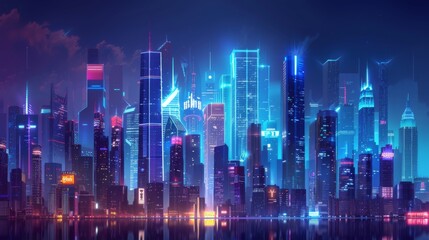 A futuristic city skyline with illuminated skyscrapers at night, creating a dazzling and vibrant urban landscape