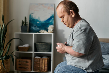 A man with inclusivity sits on his bed, holding a cup, in a quiet and inviting room.