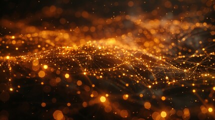 Abstract Golden Light Network Background with Glowing Particles and Lines in a Dark Space, Perfect for Technology, Science, and Futuristic Themes