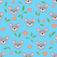 Fototapeta premium Seamless pattern with cute koala animal faces. Illustration in boho style, dream catcher, cactus, palm trees, tropics