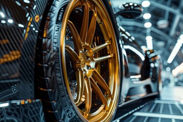 Fototapeta premium Close-up of Custom Car Wheels and Tires Showcasing Unique Design Materials for High-Quality Automotive Appeal