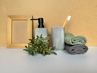 Eco-Friendly Bathroom Accessories with Soap Dispenser, Toothbrush Holder, and Rolled Towels.