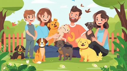Pet Adoption Event: Illustrate a heartwarming pet adoption event with happy families, playful animals, and an inviting setting,