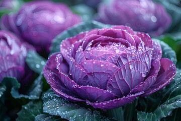 Obraz premium Purple ornamental cabbage blooming in a Japanese winter garden.