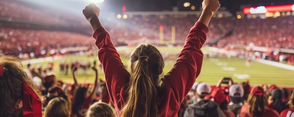 Female sports fan cheering at a college football game